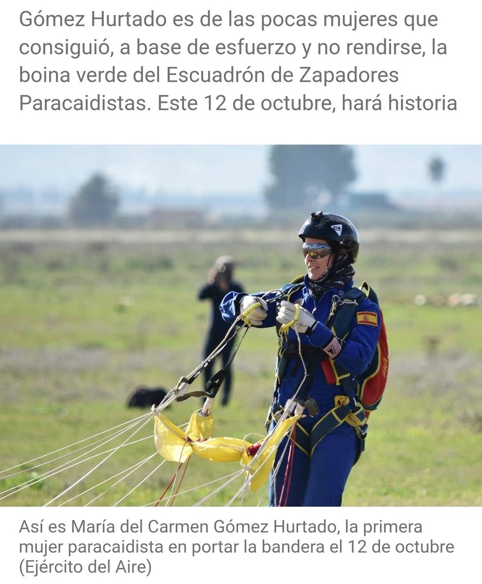 María del Carmen Gómez Hurtado, primera mujer paracaidista en saltar con la bandera del #12Oct 🇪🇦.

Ejemplo de #Igualdad y #Feminismo sano. 

Mujeres así, SÍ me van a representar SIEMPRE.
