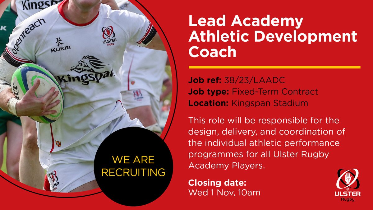 📣 Join the team!

We are recruiting for a Lead Academy Athletic Development Coach to work with our exciting academy players ✨ 

For more info and to apply, hit the link below 👇 
ulsterrugby.getgotjobs.co.uk/registerJob/9c…