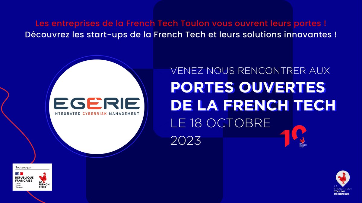 #RDV le 18 octobre pour notre première #JPO à #Toulon, dans le cadre vibrant de la Semaine de la @FrenchTechToulon ! Inscrivez-vous dès aujourd'hui pour découvrir l'esprit #EGERIE, et vous connecter à l'#écosystème #cyber. Plus d'infos 👉tinyurl.com/5ardw9cp