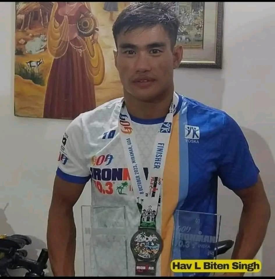 SamadonAyangba's tweet photo. Army personnel from #Manipur #Meitei community - Hav L Biten Singh and Hav Bishworjit Saikhom of #IndianArmy secured 2nd &amp; 3rd positions in the 3rd edition of #IronMan 70.3 Goa. 
#MeiteiNongsha #ThisIsMeitei #MeiteiHaiTohVikasHai #IStand4Manipur #SaveManipur #savemeitei https://t.co/s2GCIP1BBt