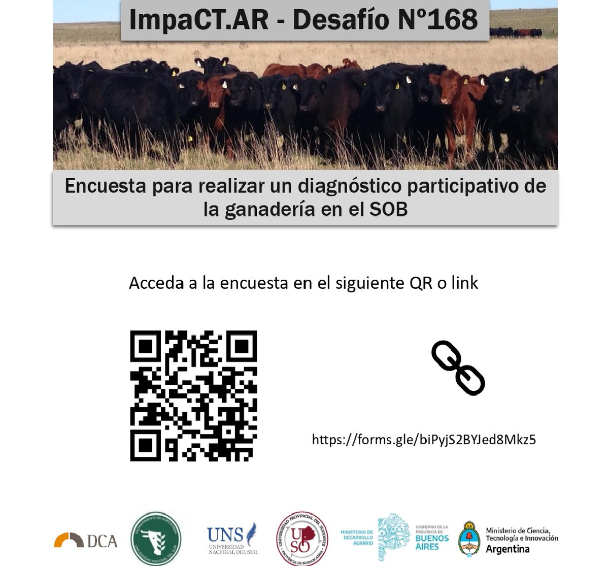 ImpaCTAR168's tweet photo. Esta encuesta es la segunda etapa del Proyecto Impactar- Desafío, N° 168, dirigida a todas las personas vinculadas a la ganadería bovina desde el productor al consumidor. Agradecemos de antemano su compromiso y participación. 
Consultas: impactar168@gmail.com https://t.co/QI60sdyIHp