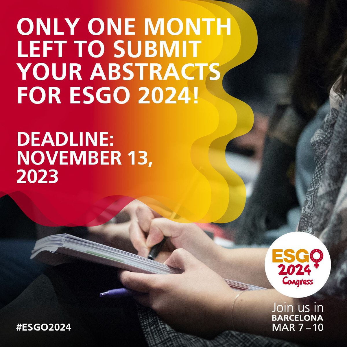 ESGO_society's tweet photo. One month left to submit your abstracts to ESGO 2024! Deadline: November 13. β°
@Oncoalert @ENYGO_official
#ESGO #gynonc #gynaeconology #oncology #ESGO2024 #gyneoncologist #gynecancers #Barcelona #oncoalert #congress #enygo #ESGOEngage https://t.co/Dxr40yrd83
