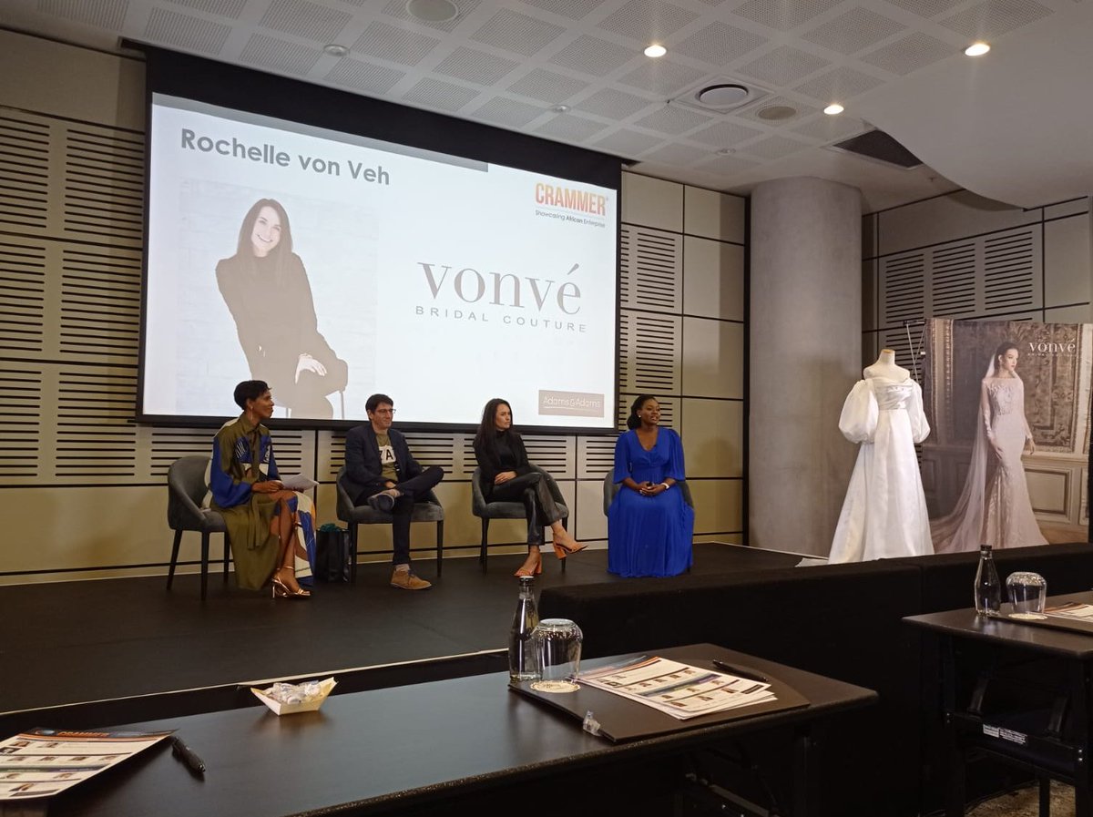 AdamsAdamslaw's tweet photo. The final panel discussion of #Crammer2023 features Lita Miti-Qamata, Maureen Makoko and Darren Olivier joined by Rochelle von Veh, owner of Vonvé Bridal Couture, for a discussion reflecting on the journey of life through intellectual property. https://t.co/j0c9XukGQv