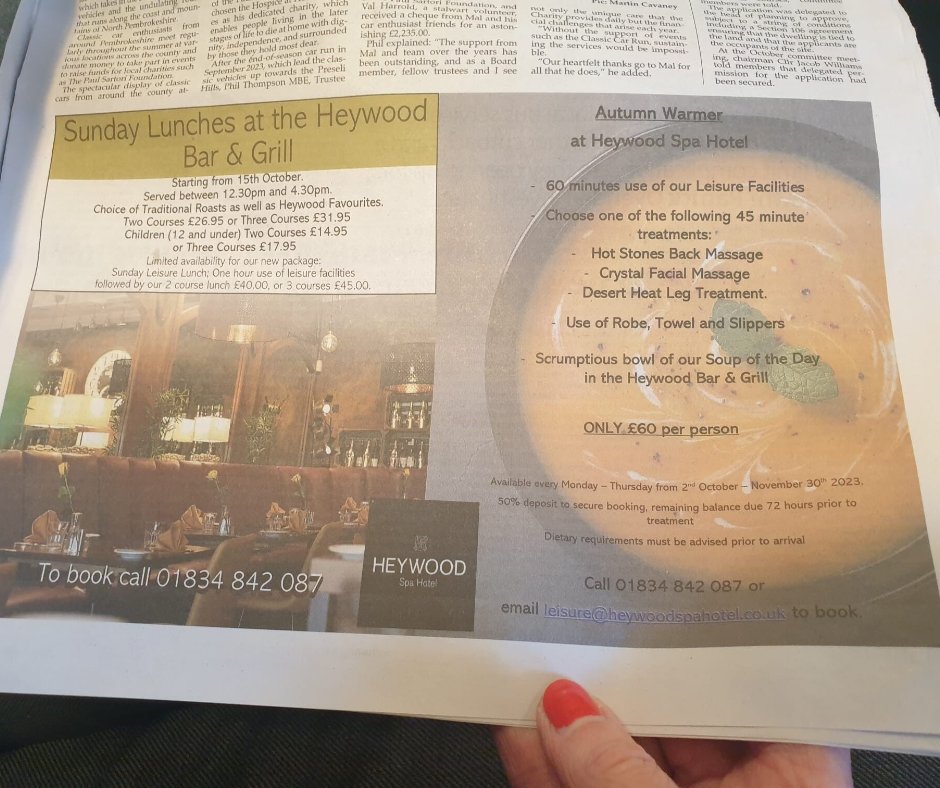 HeywoodSpa's tweet photo. Who spotted our advert in the Tenby Observer? 👀 Still space to book for this weeks scrumptious lunch😊 Serving Traditional Sunday Lunch as well as some Heywood Favourites between 12.30pm and 4.30pm. Call 01834 842 087 to book today or online: https://t.co/XS9j6W7r7T https://t.co/KGwHQdsRa3