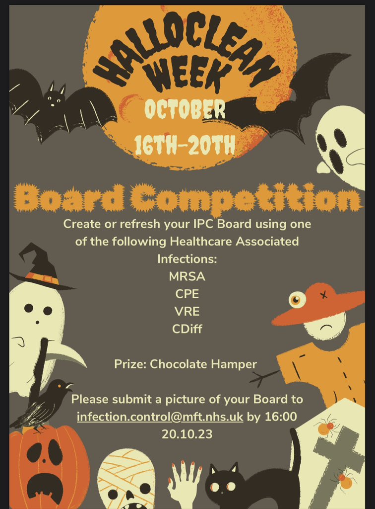 CMFT_IPCTV's tweet photo. Infection Prevention week is happening from 16-20th October! Look out for the IPC team during this 
See our poster to enter into the best information board and win a prize 🎃 https://t.co/42abGE8mAJ