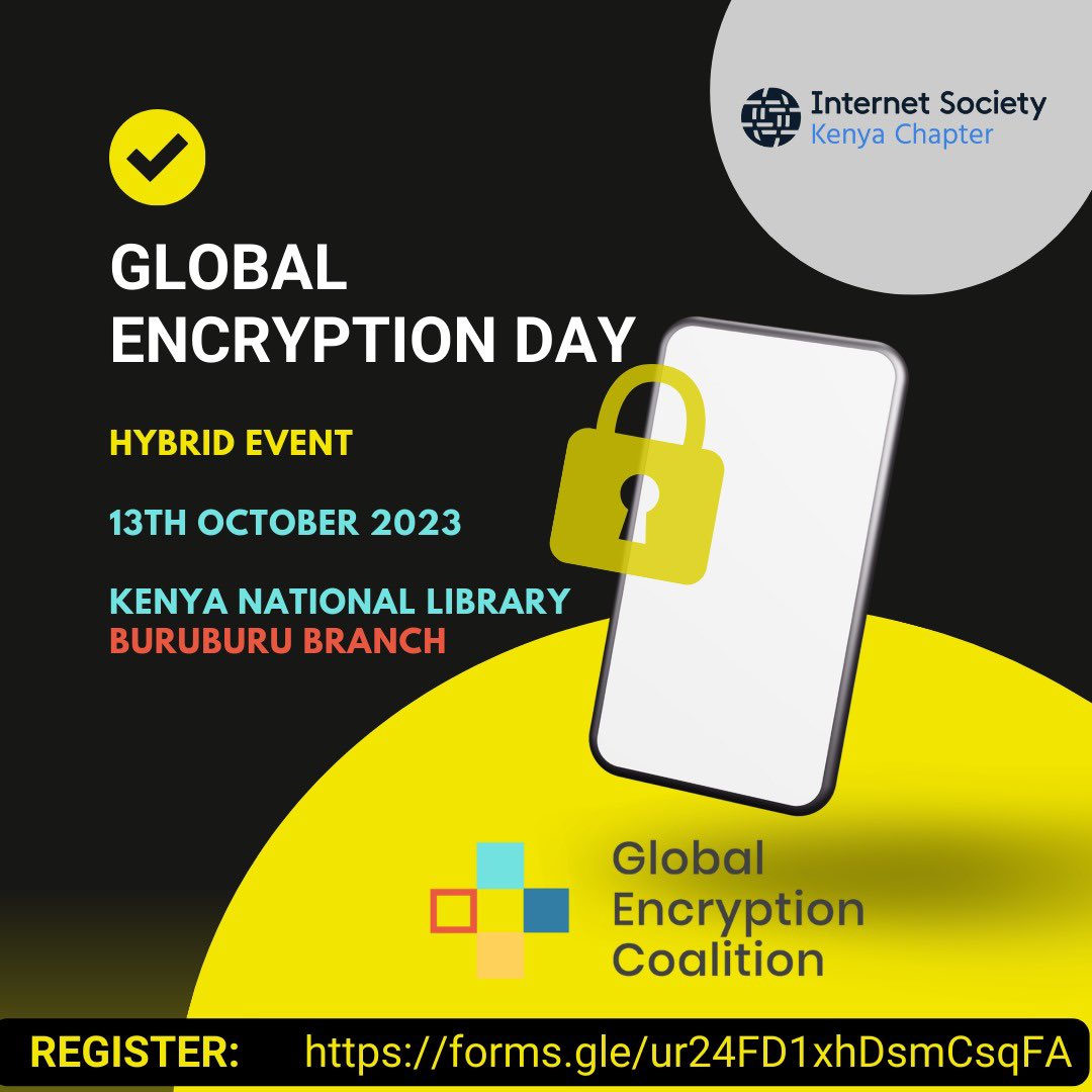 ISOC_Kenya's tweet photo. ๐Exciting news!๐
Join us tomorrow as we commemorate #GlobalEncryptionDay2023. The event will happen in a hybrid format.
Sign up below ๐๐พ Let's secure the digital future together! #DigitallySecure #TheInternetWeWant
@globalencrypt https://t.co/5L3AxNK8CO