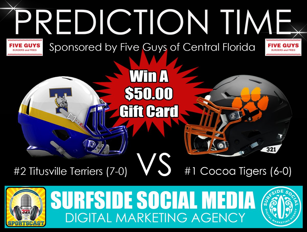 321sportscast's tweet photo. COCOA (6-0) AT TITUSVILLE (7-0) Predict the exact score on our Facebook Page and win a $50 gift card to Five Guys! Visit our FB page for details! #fiveguysofcentralflorida #surfsidesocialmedia #cocoafootball #titusvillefootball https://t.co/u2ootTq8nG