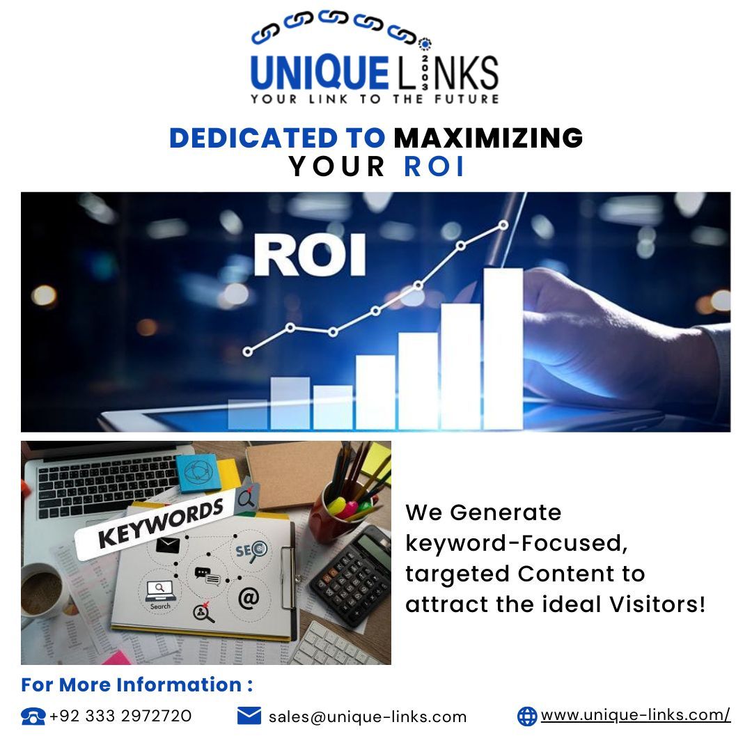 Dedicated to Maximizing Your ROI
We generate keyword-focused, targeted content to attract the ideal visitors!

Contact Us At:
unique-links.com
.
#uniquelinks #uniquelinkswebhosting #ROI #contentmarketing #DigitalStrategy #MarketingROI #SEOStrategy #EffectiveContent