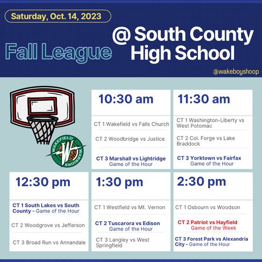 WakeBoysHoop's tweet photo. REMINDER: ALL GAMES WILL BE AT SOUTH COUNTY HIGH SCHOOL SATURDAY OCT. 14 https://t.co/RSH0qq2oiZ