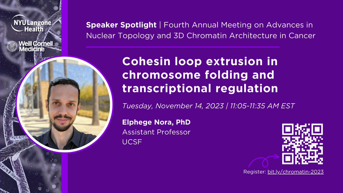 Another great speaker who will be presenting at our VIRTUAL symposium: The Fourth Annual Meeting on Advances in Nuclear Topology and
3D Chromatin Architecture in Cancer
Tuesday, November 14, 2023 | 9:30 AM-4:00 PM EST .
Registration is free. Register: bit.ly/chromatin-2023g