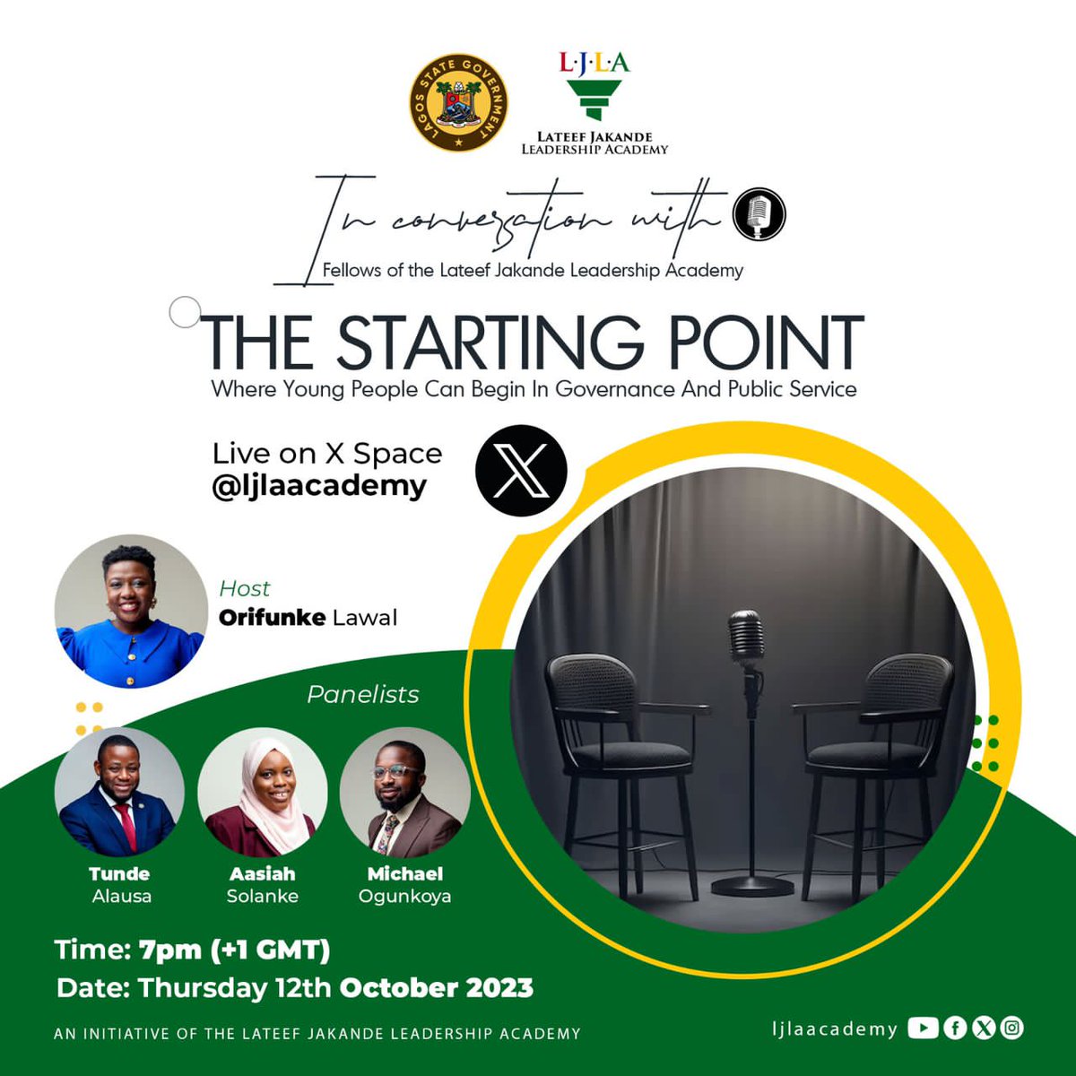 ICYMI: Join me #InConversationWith some of my colleagues at the Lateef Jakande Leadership Academy, as we have enlightening discussions tonight.

We'll be discussing starting out in public service and governance as well as our journey so far even as starters.

See you at 7!