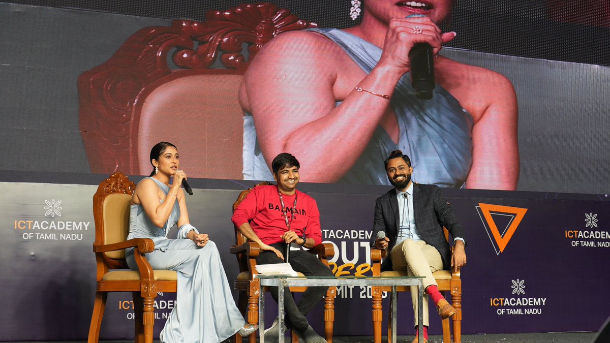 ictacademyindia's tweet photo. Mike Murali, Chief Fun Officer, Capgemini hosted the talented actors Regina Cassandra and Sathish in a fun and inspirational fireside chat at the ICT Academy Youth Leadership Summit 2023.

#ictacademyindia #YouthTalk2023 #YLS23 @Mikemurali @actorsathish @ReginaCassandra https://t.co/tnjmqk49wx