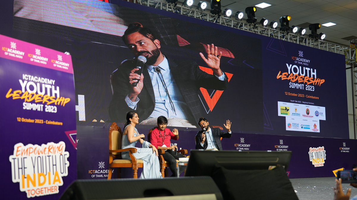 ictacademyindia's tweet photo. Mike Murali, Chief Fun Officer, Capgemini hosted the talented actors Regina Cassandra and Sathish in a fun and inspirational fireside chat at the ICT Academy Youth Leadership Summit 2023.

#ictacademyindia #YouthTalk2023 #YLS23 @Mikemurali @actorsathish @ReginaCassandra https://t.co/tnjmqk49wx