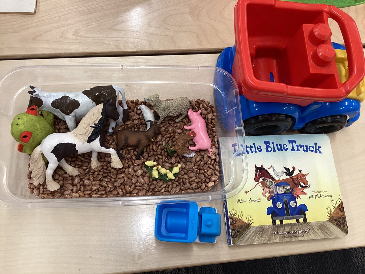 Acting out Little Blue Truck today with a sensory experience too! Beans are the mud, farm animals, and trucks are ready to go! <a href="/NKCEarlyed/">NKC Schools Early Education</a>