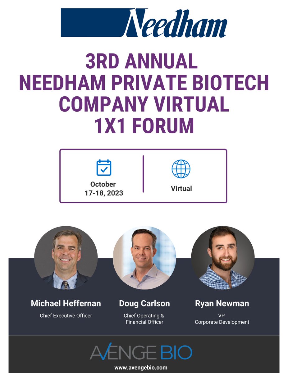 AvengeBio's tweet photo. Avenge will be participating in Needham &amp; Company's 3rd Annual Private Biotech Company Virtual 1x1 Forum next week. Read full article &amp; update on our program at https://t.co/VWmLyXSiq0 #virtualconference #biotech https://t.co/StcKJJfNbL