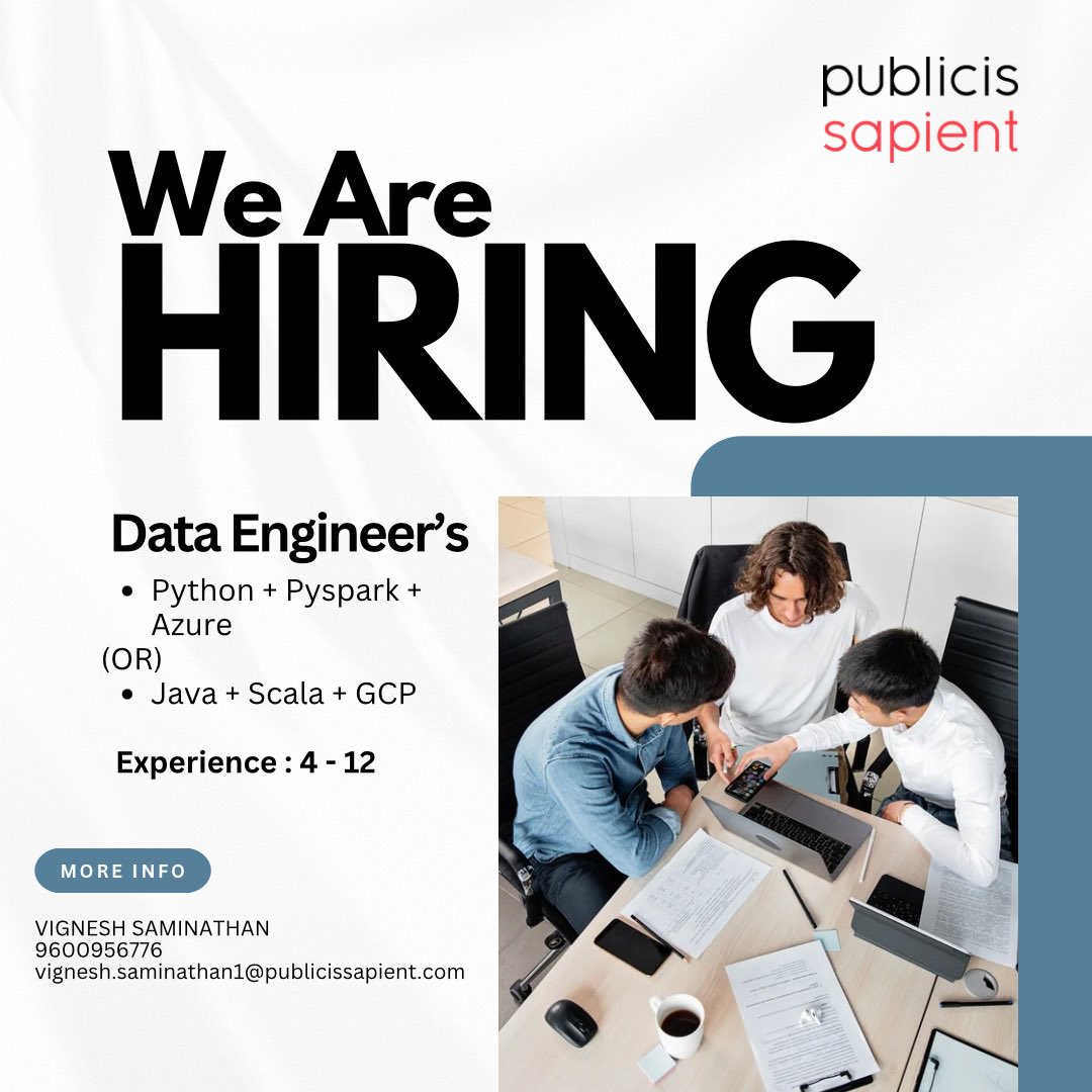 #publicissapient is hiring for a Data Engineer
Joining location : Bangalore / Hyderabad/ Pune / Mumbai / Noida / Gurgaon

For more info, Dm me 
#Python #scala #java #corejava #azure #aws #gcp #googlecloud #JobAlert #india #jobopportunity #jobseekers #naukri #DigitalTransformation