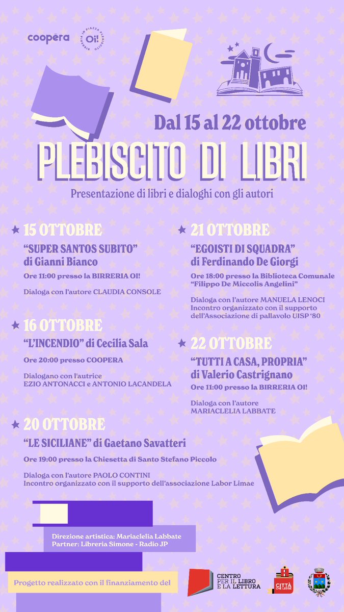 Tra una qualche giorno prenderà il via la nostra nona edizione.
❤️
Progetto realizzato con il finanziamento del Centro per il libro e la lettura (cepell.it) ed il patrocinio del Comune di Putignano.
📖