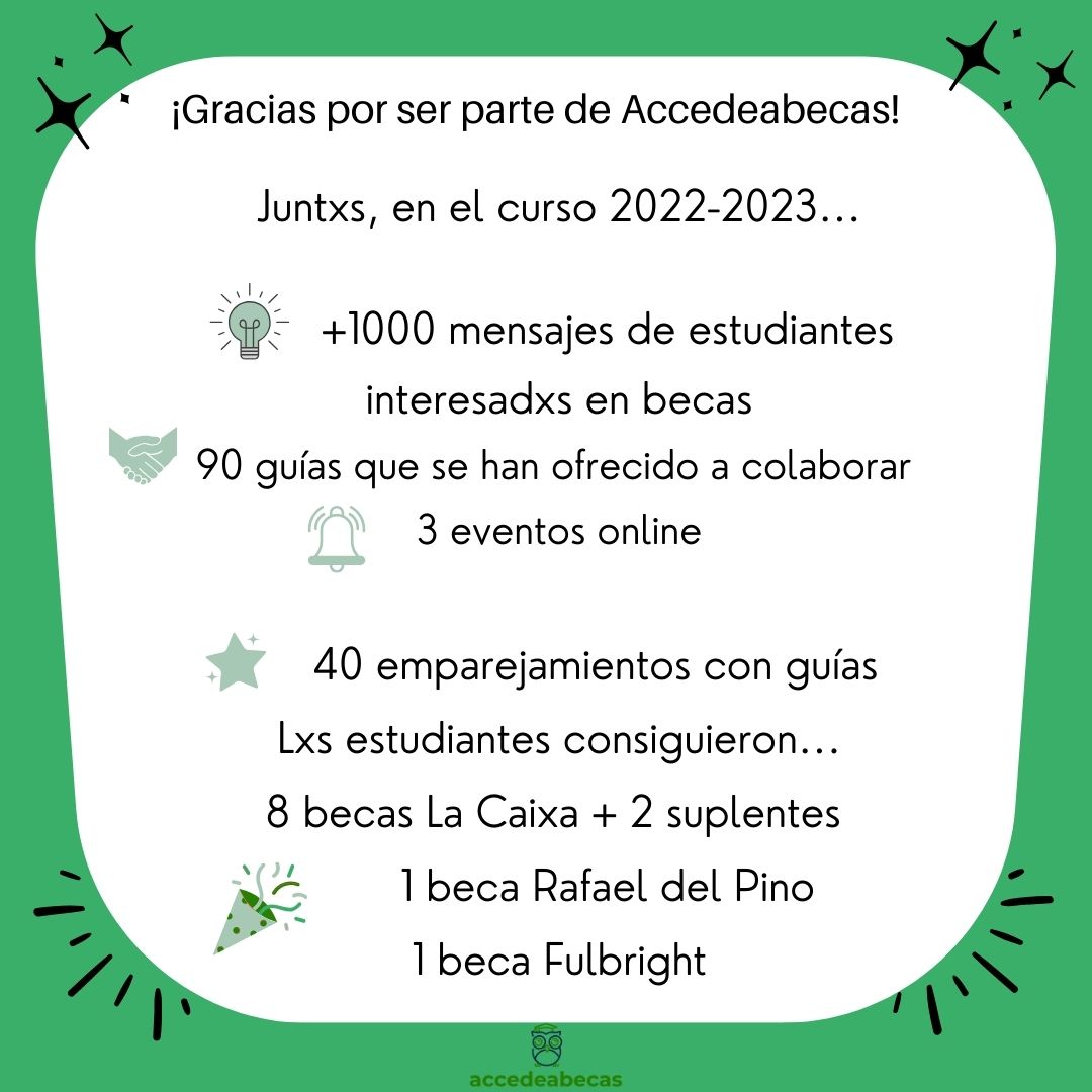 ⚠️Pronto volveremos para preparar el ciclo de becas 2023-2024!

☺️🥰 ¡Muchas gracias a todos los qué fuisteis parte el año pasado de una forma u otra! 🥳🎉

📩 seguirnos por redes porque pronto traeremos noticias!