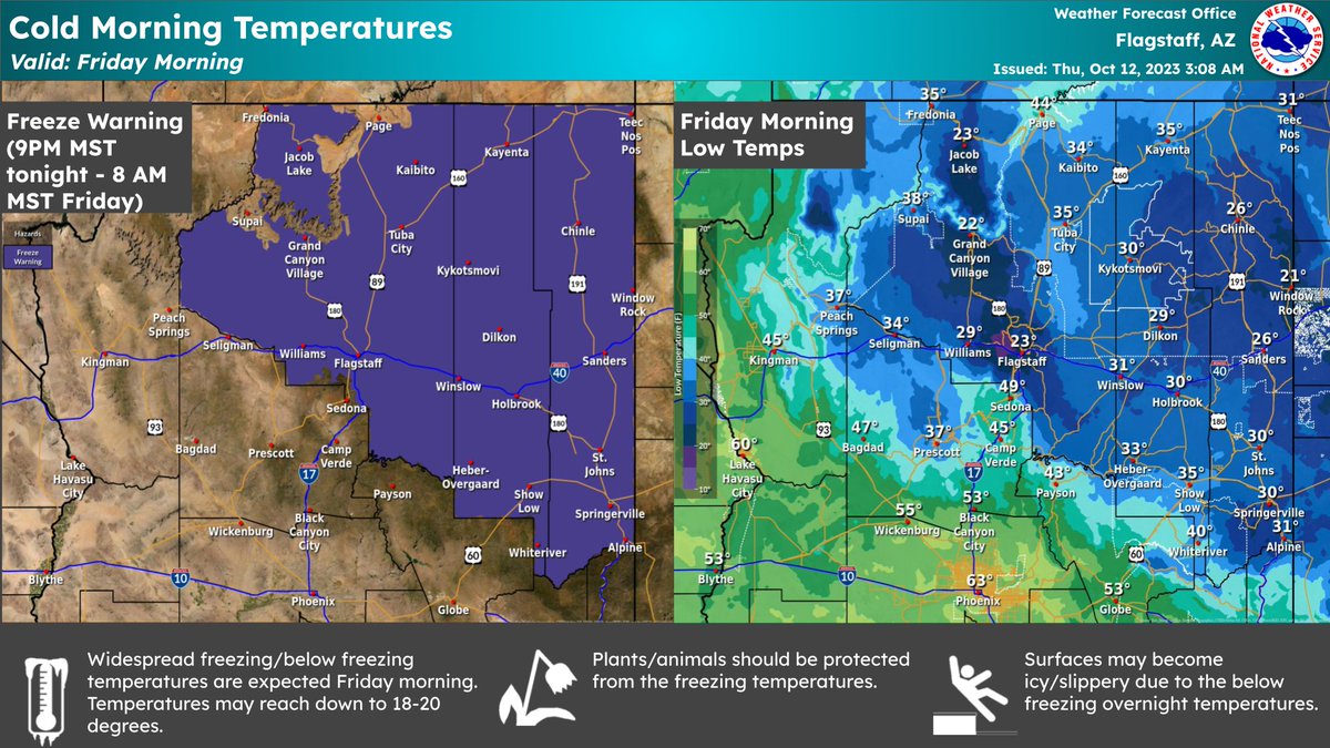 NWSFlagstaff's tweet photo. Many areas are in the 30s and 40s across northern Arizona this morning. Despite the cold start to today, tomorrow (Friday) morning is forecast to be even colder! As a result of the widespread freezing/below freezing temperatures, we have issued a Freeze Warning for much of N. AZ. https://t.co/O6rgkEiWl8