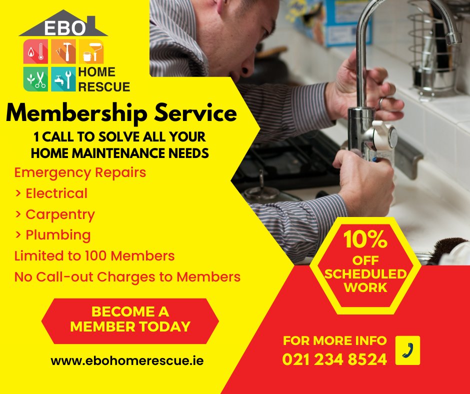 EBO Home Rescue is a membership service available in the Cork City area. 

All jobs get a VAT invoice and all our staff are long-term employees and trustworthy
 
<a href="/joeliveline/">Joseph j Duffy</a> <a href="/rteliveline/">Liveline</a> @katieghannon 

#Liveline #homerescue #plumber #electrician #carpenter