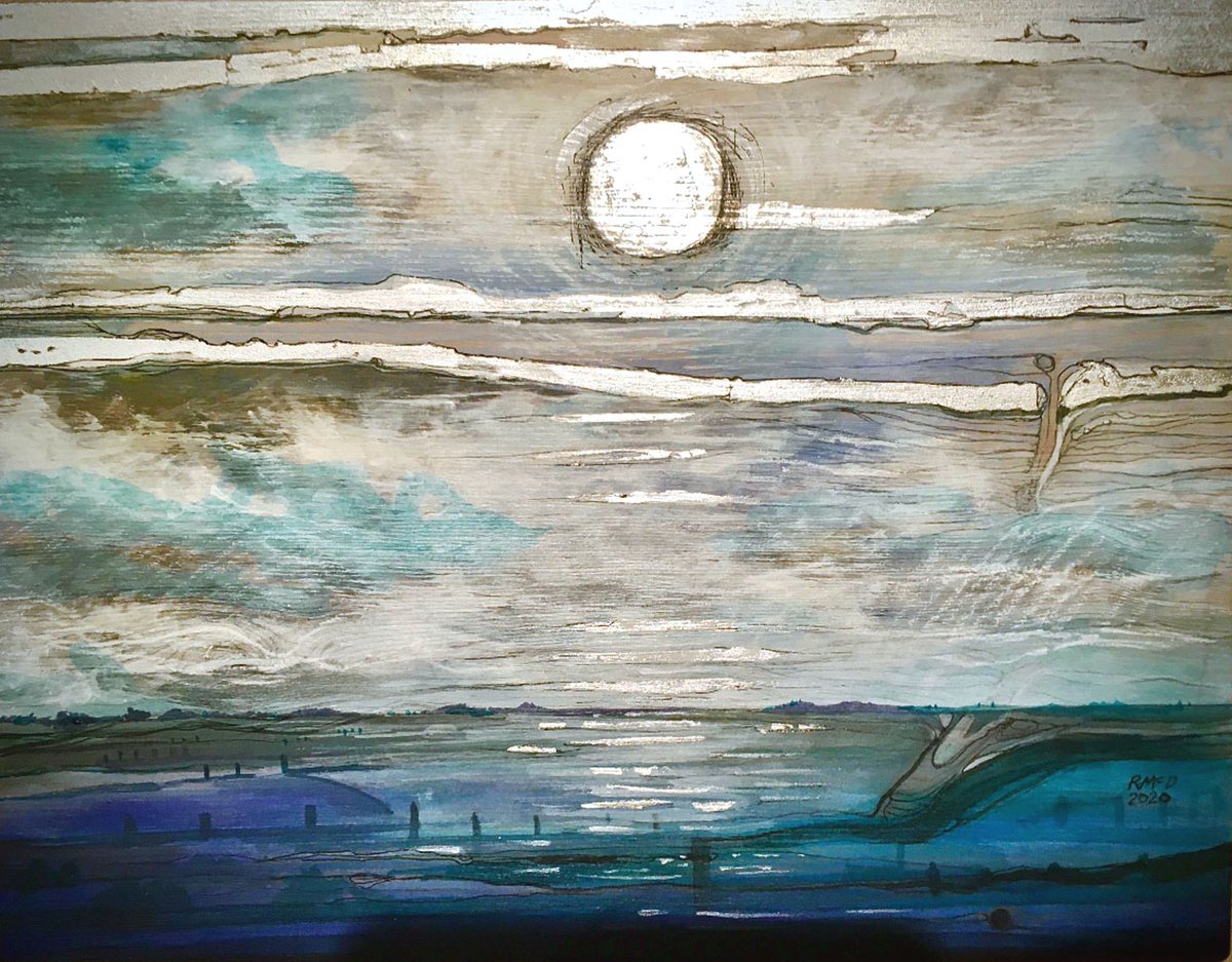 A grey day all round rather like my painting on board of the sea at Whitstable with added silver leaf - a romantic view of the coast 
#romance #coast #seascape #painting  #landscape #art #artwork #thursdayvibes #coastline #rain #cool #wetweather