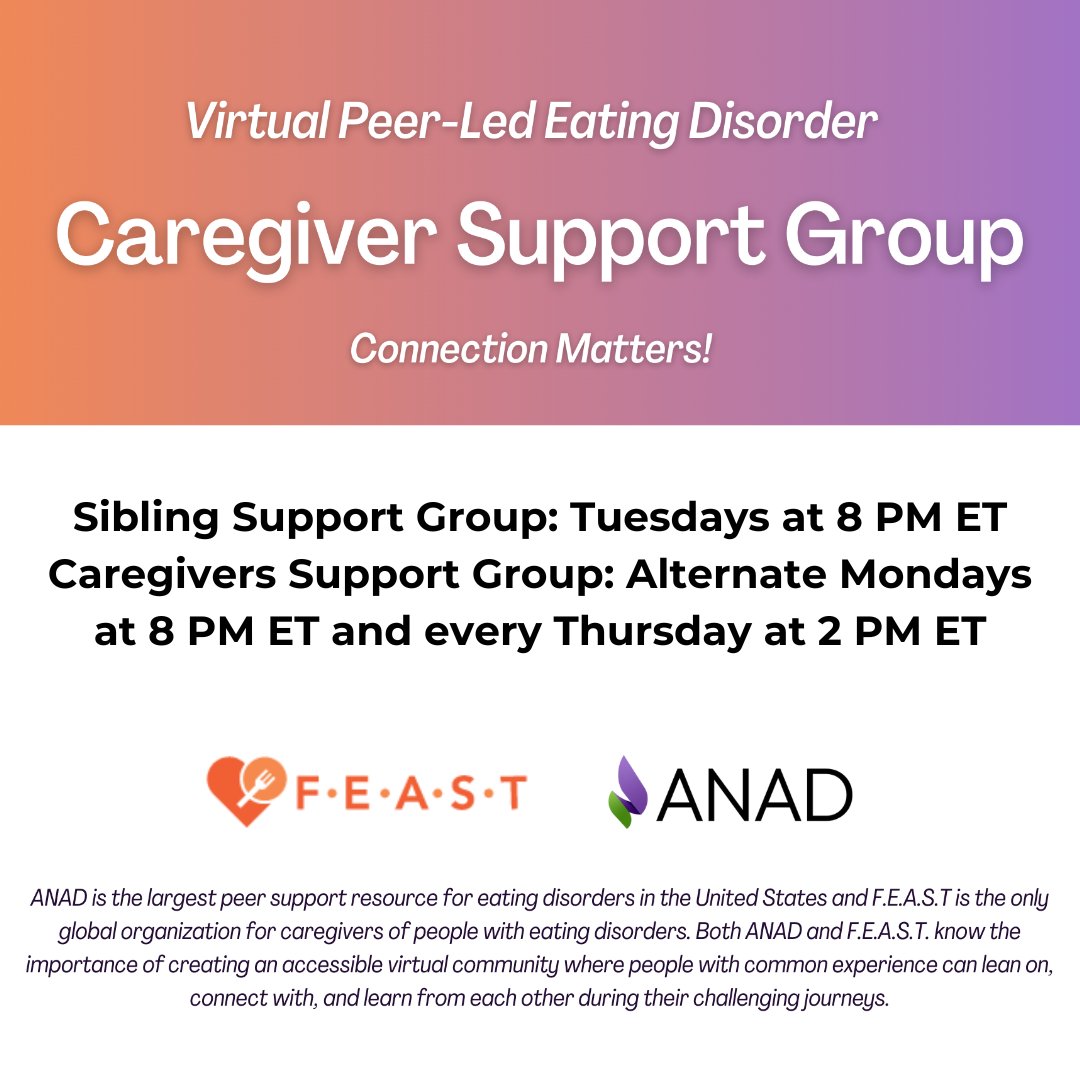 FEAST_ED's tweet photo. Did you know that our parent and caregiver support group, hosted in partnership with ANAD, has a second meeting time? In addition to our usual Thursday meeting, join us on alternate Mondays at 8pm ET.

Sign up today at: https://t.co/qj1W4sVGvp https://t.co/FXUI8Rk3Dl