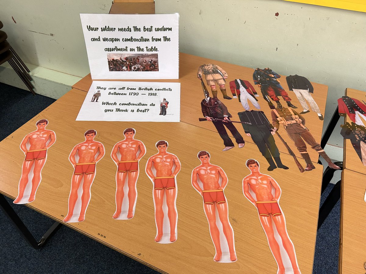 HistoryStocks's tweet photo. Open Evening linked to Edexcel Experience of Warfare. Dress your soldier with the best kit. Totally worth the swollen thumb joint from all the cutting out! 

#historyteaching #education #openevening #teacherlife https://t.co/5Zf1vszQIz