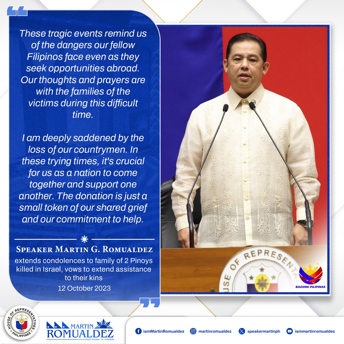 SpeakerMartinPH's tweet photo. #IsraelPalestineConflict #OFWs #MartinRomualdez #19thCongress #LiderNgKongreso https://t.co/SDqGoQRWWd