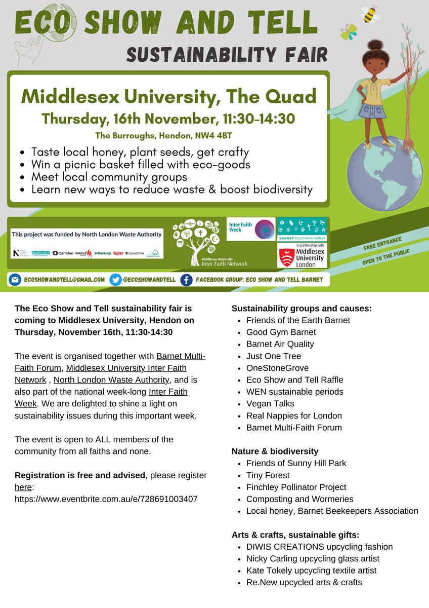EcoShowandTell's tweet photo. With 15 stalls and 19 environmental causes, our next Eco Show and Tell is bound to be a day of great interest! Register to receive updates: https://t.co/dZzW1YauDc
Please help us advertise the event, and join us on the day! @MiddlesexUni @connectNLWA @IFWeek @BMFForum https://t.co/yCMUhwIGO4