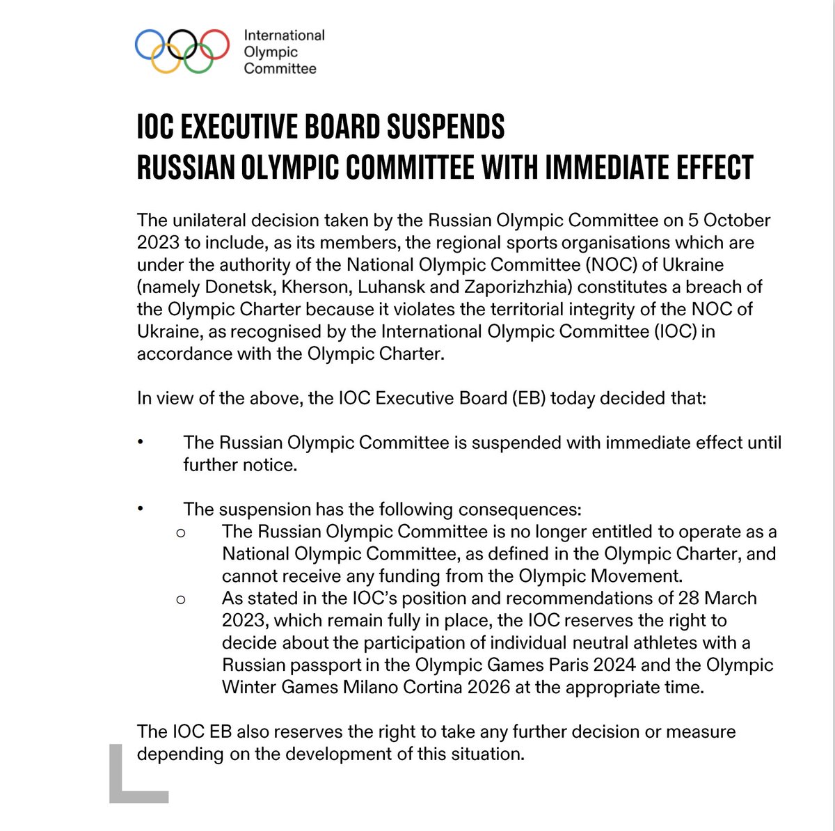 iocmedia's tweet photo. IOC Executive Board suspends Russian Olympic Committee with immediate effect.

IOC statement: https://t.co/vS7YoT1MLx