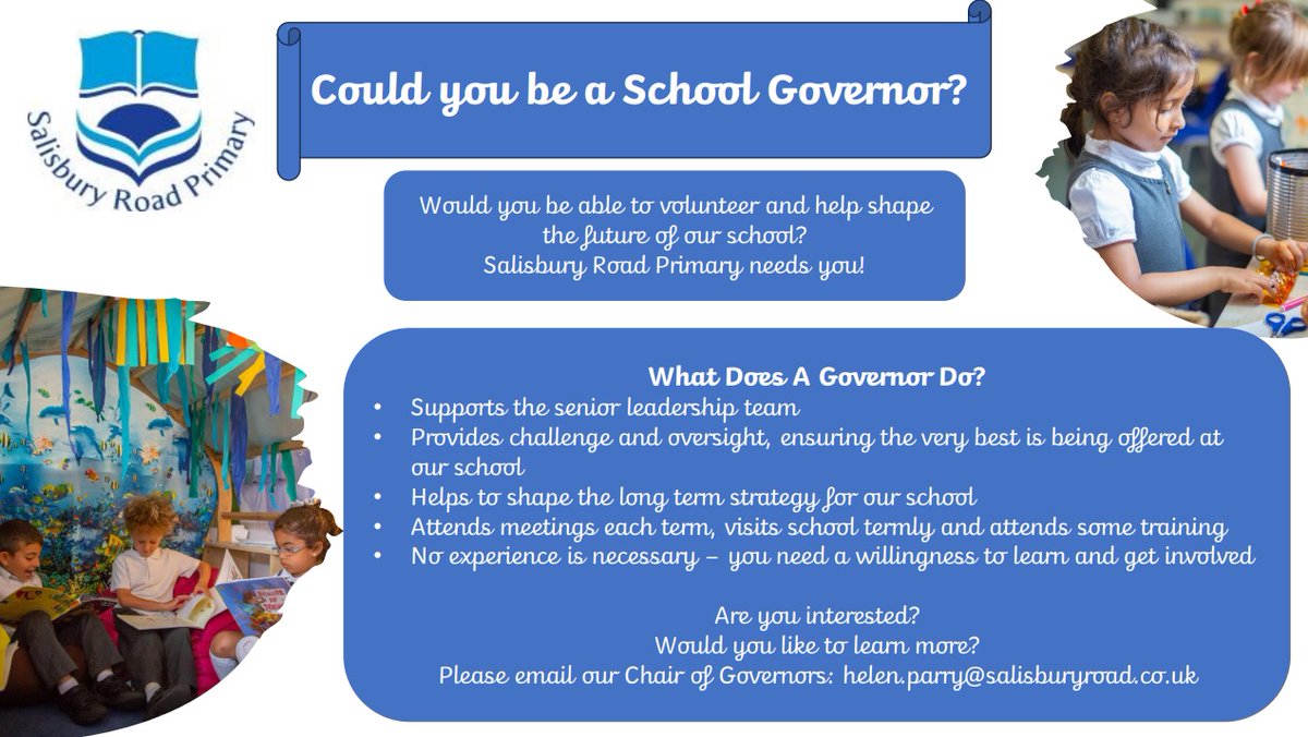 Salisbury Road Primary (@salisburyrdprim) on Twitter photo Could you be our next school governor? Please get in touch if you'd like more information. <a href="/CiaraEMoran/">Ciara Moran</a> <a href="/emjbenton/">Emma Benton</a> <a href="/Rachael_Riley13/">Rachael Riley</a> <a href="/vasilionka_lisa/">lisa vasilionka</a> Could you be our next school governor? Please get in touch if you'd like more information. <a href="/CiaraEMoran/">Ciara Moran</a> <a href="/emjbenton/">Emma Benton</a> <a href="/Rachael_Riley13/">Rachael Riley</a> <a href="/vasilionka_lisa/">lisa vasilionka</a>
