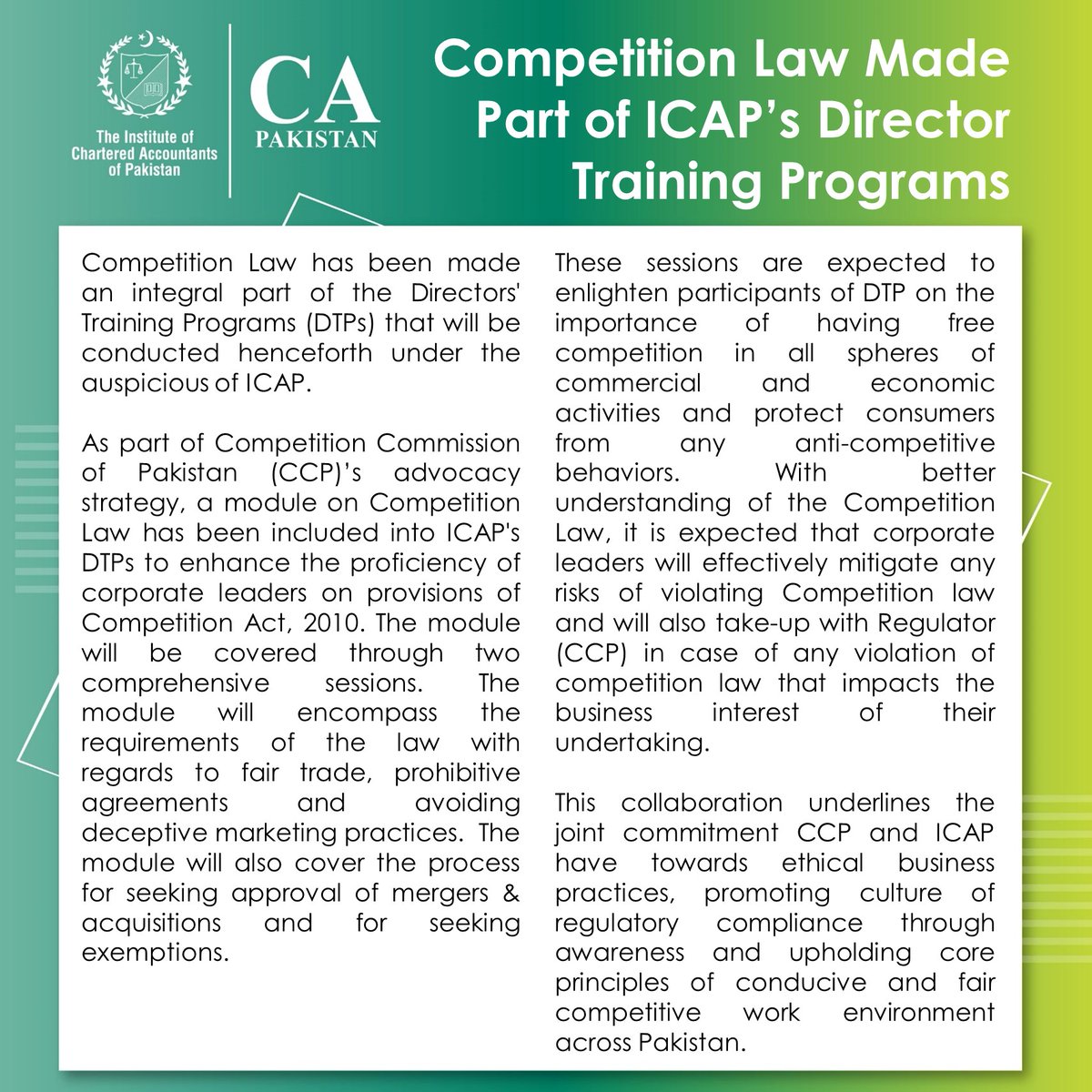 icapofficial's tweet image. Exciting News! Competition Law is now an integral part of ICAP's Director Training Programs.

#ICAP #DirectorTraining #CompetitionLaw"