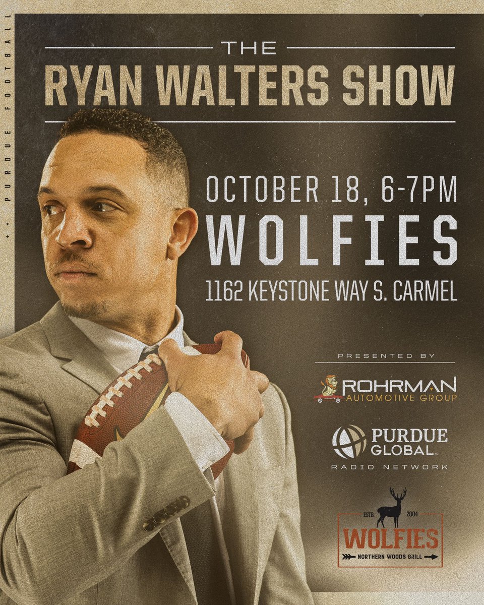 #Indy Boilers, let’s show up big time for <a href="/Coach_Walters/">Ryan Walters</a> next week! The Ryan Walters Show is coming to Carmel at Wolfies on Oct 18 #boilerup 

<a href="/BoilerFootball/">Purdue Football</a> <a href="/PurdueSports/">Purdue Sports</a> <a href="/LifeAtPurdue/">Purdue University</a> <a href="/PurdueforLife/">Purdue for Life Foundation</a>