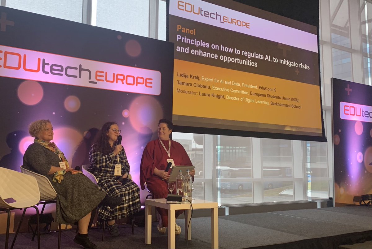 joecar's tweet photo. About to hear European student view on AI - it’s about personalised adaptive student centred learning and overcoming accessibility barriers #edutech23 https://t.co/EipRNwTPtF