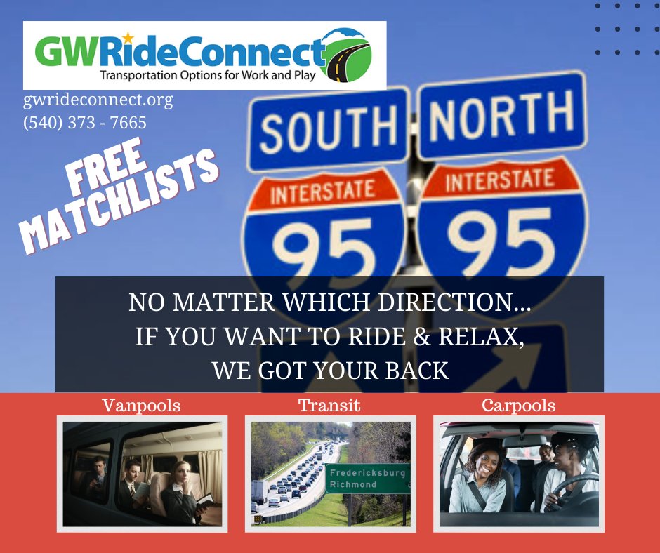 GWRideConnect's tweet photo. Turn your solo drive into a shared adVANture this autumn. We are connecting commuters to carpools, vanpools, and transit options so they can ride and relax! #connectingcommuters #Staffordva #Spotsyva #FXBG #Carolineva #Kinggeorgeva https://t.co/H3JiJANfAR