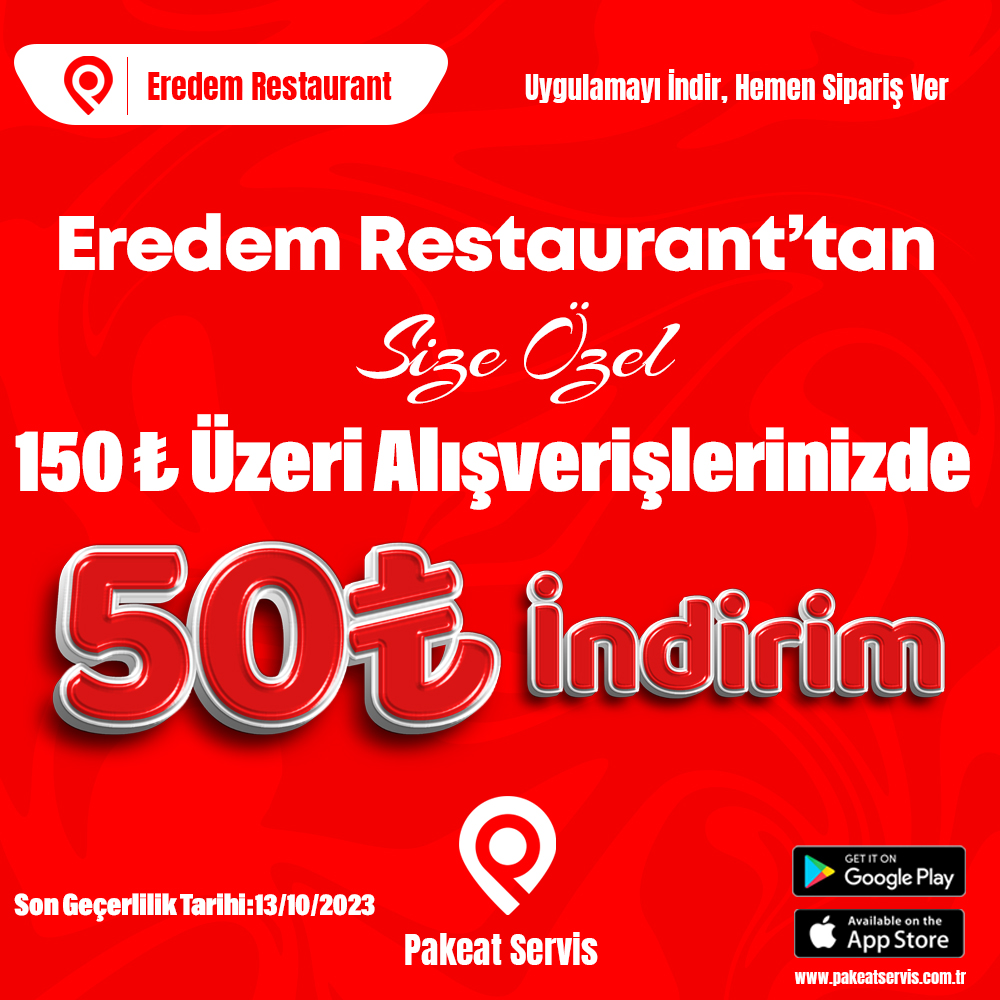 📌 Pakeat Servis Müşterilerine Özel Yapacağı 150₺ Üzeri Alışverişlerinde Anında 50₺ İndirim

📌 150 TL Ve Üzerine 50 TL Anında İndirimi Kaçırmayın !

📌 Kampanya Eredem Restaurant'ta Geçerlidir..

📌 KAMPANYA 13:10:2023 TARİHİNE KADAR GEÇERLİDİR.

#karaman  #kmu #kmü
