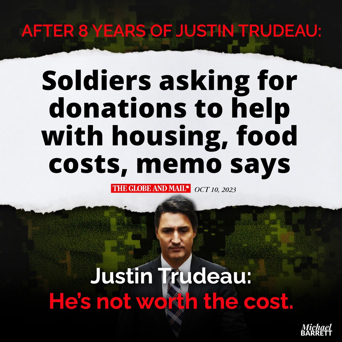 MikeBarrettON's tweet photo. Canadians who sign up to defend our country can’t afford the cost of living after 8 years of Trudeau. They deserve better than this. He’s not worth the cost. https://t.co/ADGWcV1NXC