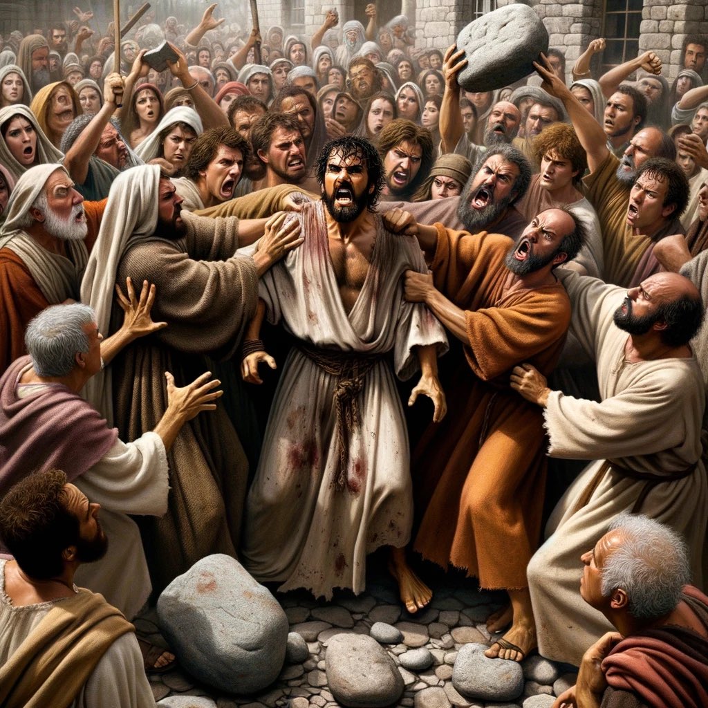 sbradleyh's tweet image. Paul stoned in Acts 14. (DALL-E)