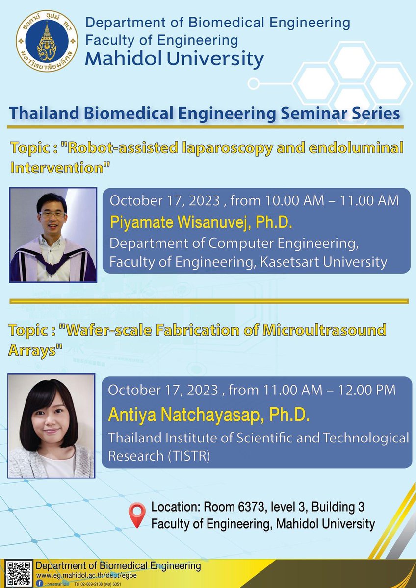 2/2 - 17 Oct 2023 in the Thailand Biomedical Engineering Seminar Series, 11.00-12.00 PM, Antiya Natchayasap, Ph.D., Thailand Inst of Scientific and Technological Research presents 'Wafer-scale Fabrication of Microultrasound Arrays'