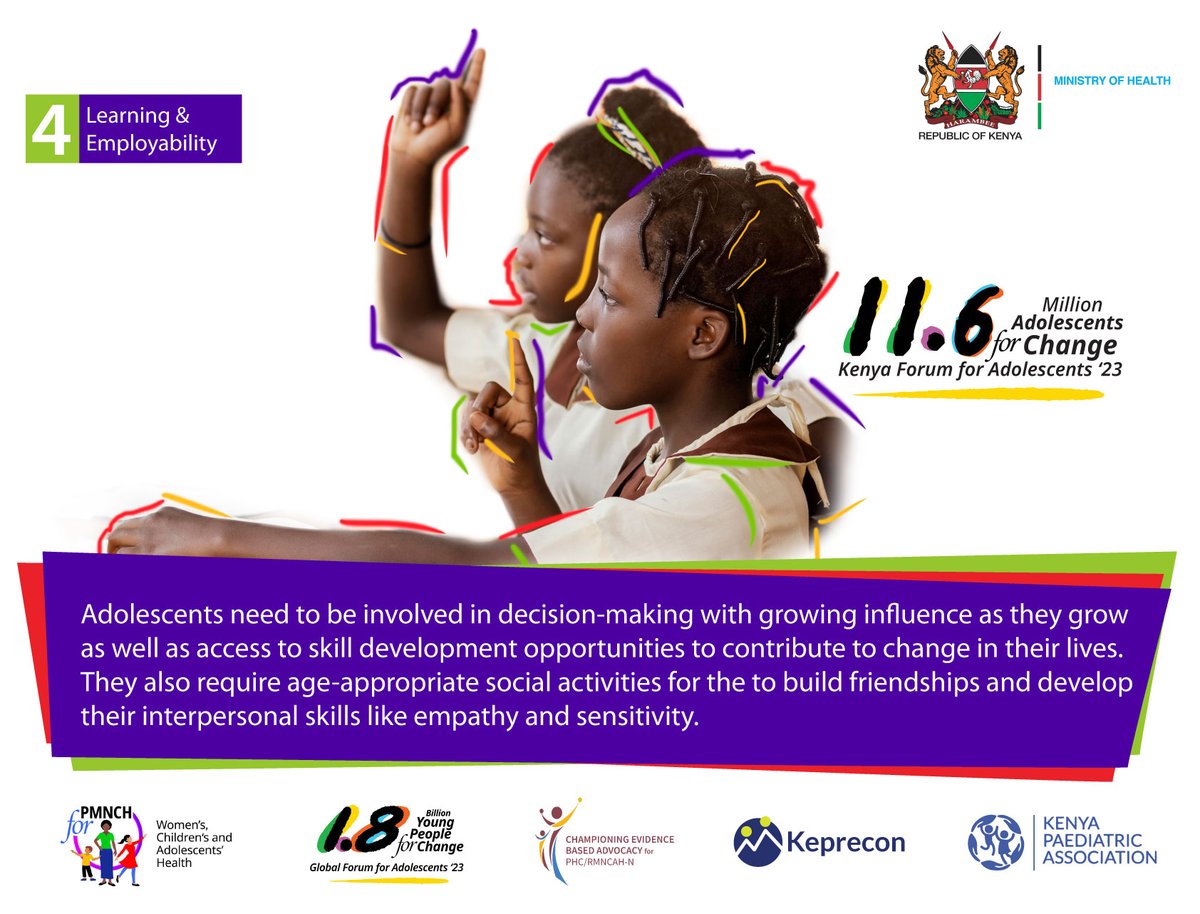 Kenyapaeds's tweet image. Learning, Competence, Education, Skills &amp;amp; Employability. Adolescents need confidence, employability opportunities and relevant skills. Let's equip them for success! #TeenVoicesCount #AfyaYaWatotoWetu #1point8forchange