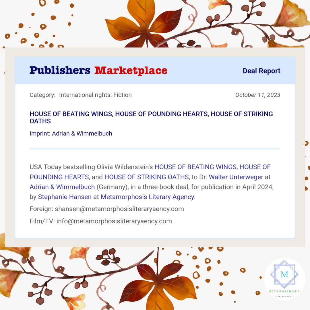 🎉 Congratulations 🎉 USA Today bestselling <a href="/OWildWrites/">OliviaWildenstein</a> 's THE KINGDOM OF CROWS, to Dr. Walter Unterweger at Adrian &amp; Wimmelbuch (Germany), in a 3-book deal, for publication in April 2024, by <a href="/hansenwriter/">Stephanie Hansen 🤟📚🎙️🏳️‍🌈🎮📽️🦻</a> at Metamorphosis Literary Agency.