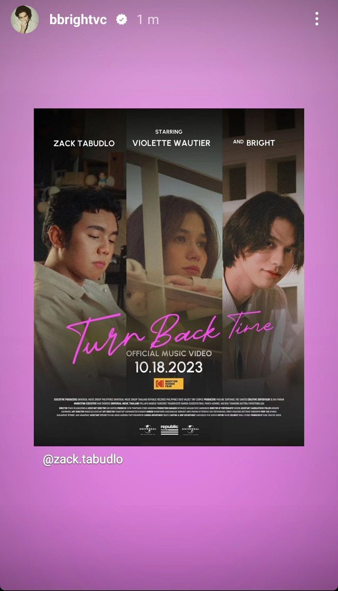 TYu33621764's tweet photo. 12.10.2023
Bright IGs
IT'S OFFICIAL! The "#TurnBackTime" Official Music Video will be out on October 18, 6 PM PHT
#ZackVBrightTurnBackTime
#bbrightvc #VioletteWautier https://t.co/EN06G9O8D0