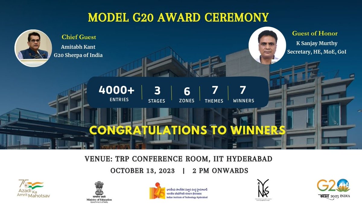 IITHyderabad's tweet photo. The #G20 Award Ceremony is just around the corner.

Join us for #ModelG20, an inspiring event celebrating the achievements of young leaders who are making a difference on the global stage.

Catch the live action on #IITHyderabad YouTube channel: https://t.co/Ssu0KYUP3e

Distinguished Guests:
Guest of Honor: Shri @amitabhk87 Kant, G20 Sherpa of India
Chief Guest: Shri K Sanjay Murthy, Secretary, HE, MoE, GoI

Stay tuned for more updates!

@g20org @G20_Bharat 
#G20Awards #YoungLeaders #GlobalChangeMak