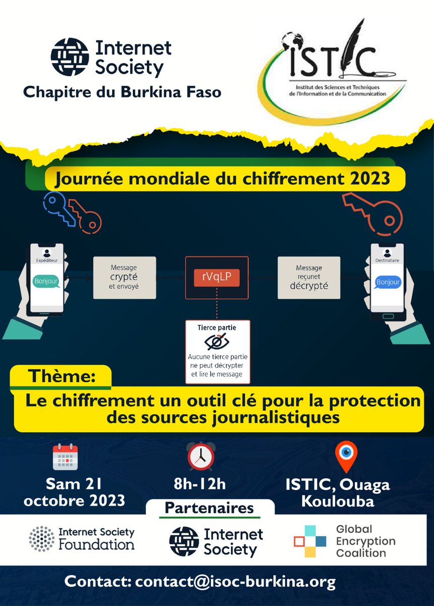 isocbf's tweet photo. Le 21 Octobre de chaque année est la journée mondiale du chiffrement (Global Encryption Day), notre chapitre, membre de Global Encryption Coalition, participe à cet évènement majeur en faisant la promotion du chiffrement de bout en bout.
#GlobalEncryptionDay https://t.co/Ud2vKcg9gR