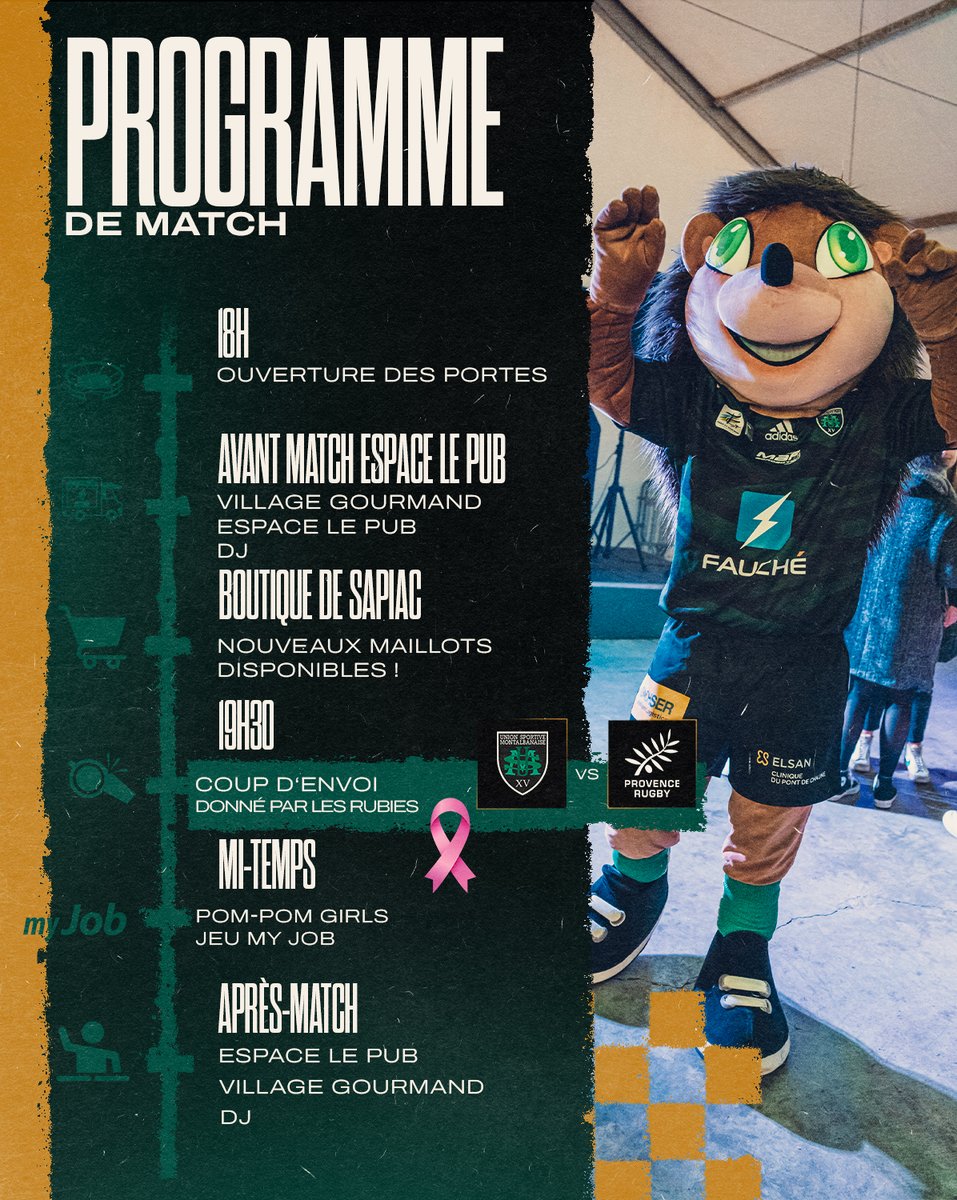 UsmSapiacRugby's tweet photo. ๐๐ง๐ค๐๐ง๐๐ข๐ข๐ ๐๐ ๐๐๐ฉ๐๐ ๐
Dรฉcouvrez le programme du match face ร @provencerugbyofficiel ce vendredi 13 octobre ! ๐ฅ
Les RUBieS Montauban donneront le coup d'envoi fictif de ce choc ! ๐๏ธ
#AllezSapiac #USMPRO #ProD2 https://t.co/zwEavljWAP