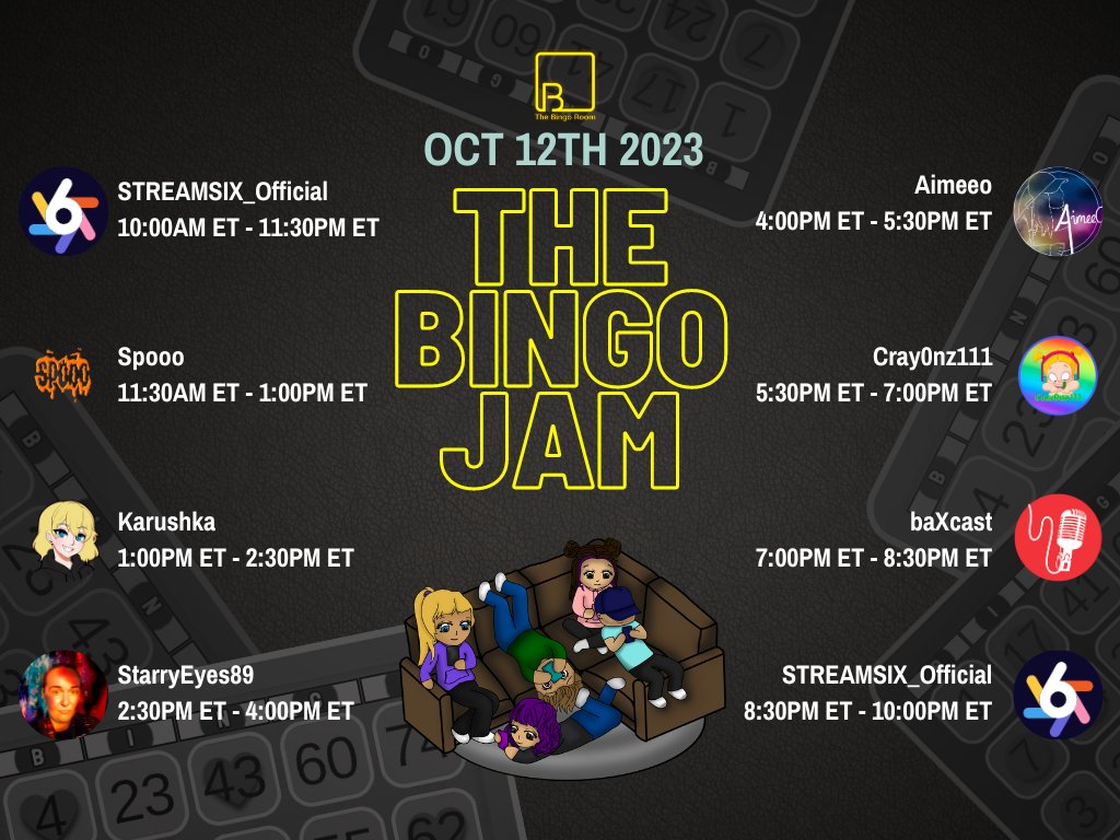 STREAMSIX_'s tweet photo. It all goes down in T-Minus 10 minutes! Get ready to JAM! #Bingo #GamingEvent #TheBingoRoom

https://t.co/nIPy7ZT0KO https://t.co/okdLZxAwrf