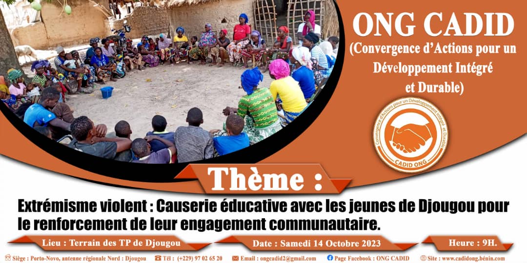 Donnez aux jeunes les moyens de résistance à l'endoctrinement idéologique du terrorisme à travers l'Employabilité et l'Autonomisation.

Échange à bâton rompu avec les jeunes de Djougou le samedi 14 Octobre 2023 sur le terrain des TP de Djougou.
