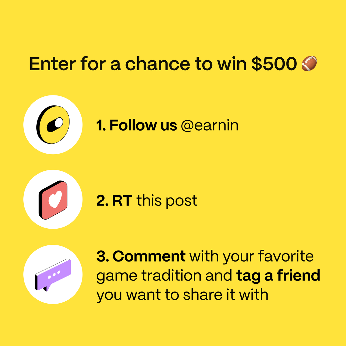 earnin's tweet photo. Going the extra yard for the game this weekend? 🏈 Enter for a chance to win our $500 Visa gift card giveaway in just 3 downs…
1) Follow @earnin
2) RT this post
3) Comment with your favorite game tradition and tag a friend you want to share it with

#EarnInGameGiveaway
NO PURCHASE NEEDED. U.S. residents, 18+. Visa is not a sponsor of or in any way affiliated with this Giveaway. Entry period ends 10/19/2023 at 11:59:59 p.m. PT. Restrictions apply. See Official Rules: https://t.co/00mnGN2Sws