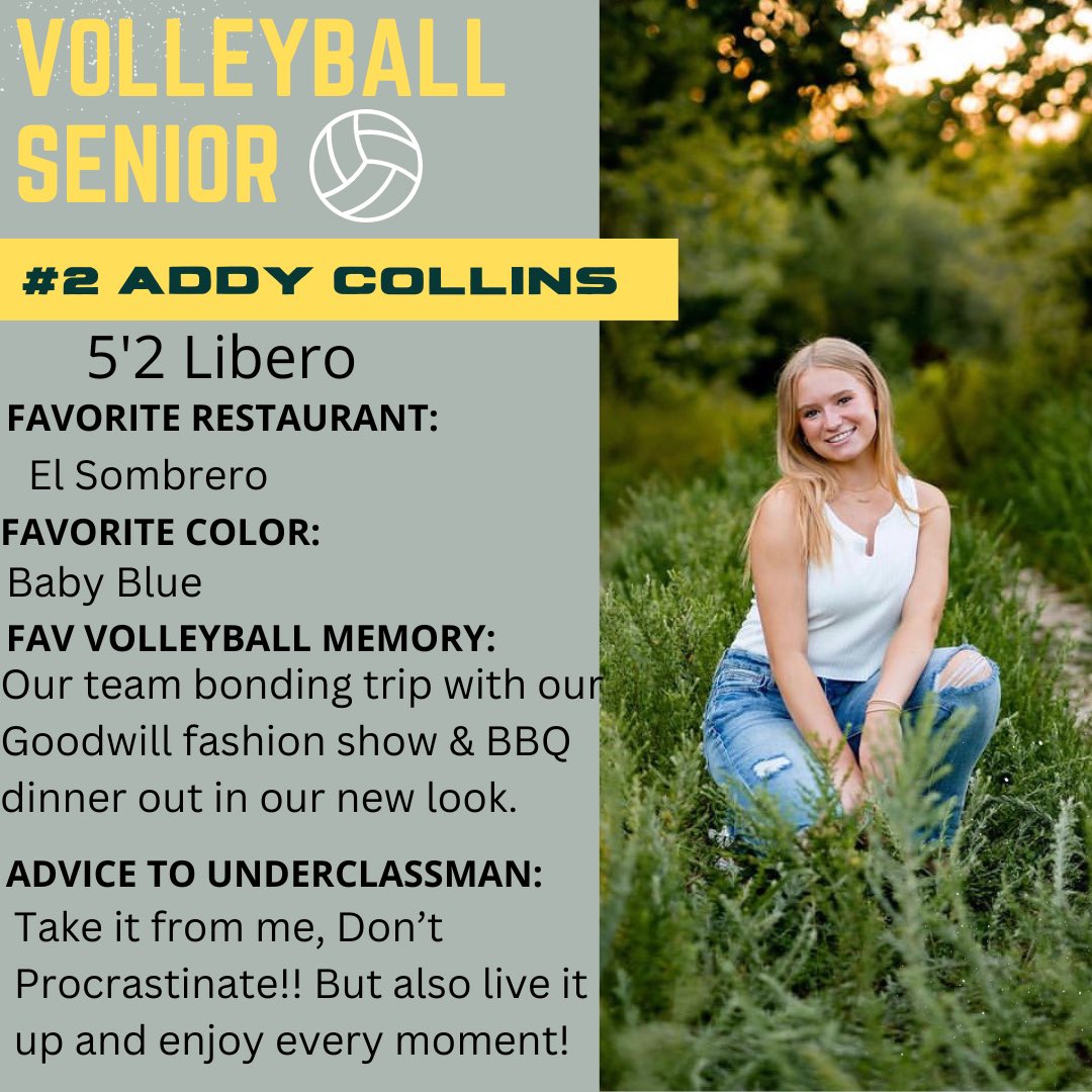 We going to recognizing our volleyball seniors throughout the day!  Our first Senior Spotlight is Addy Collins. <a href="/addycollins812/">Addy</a>