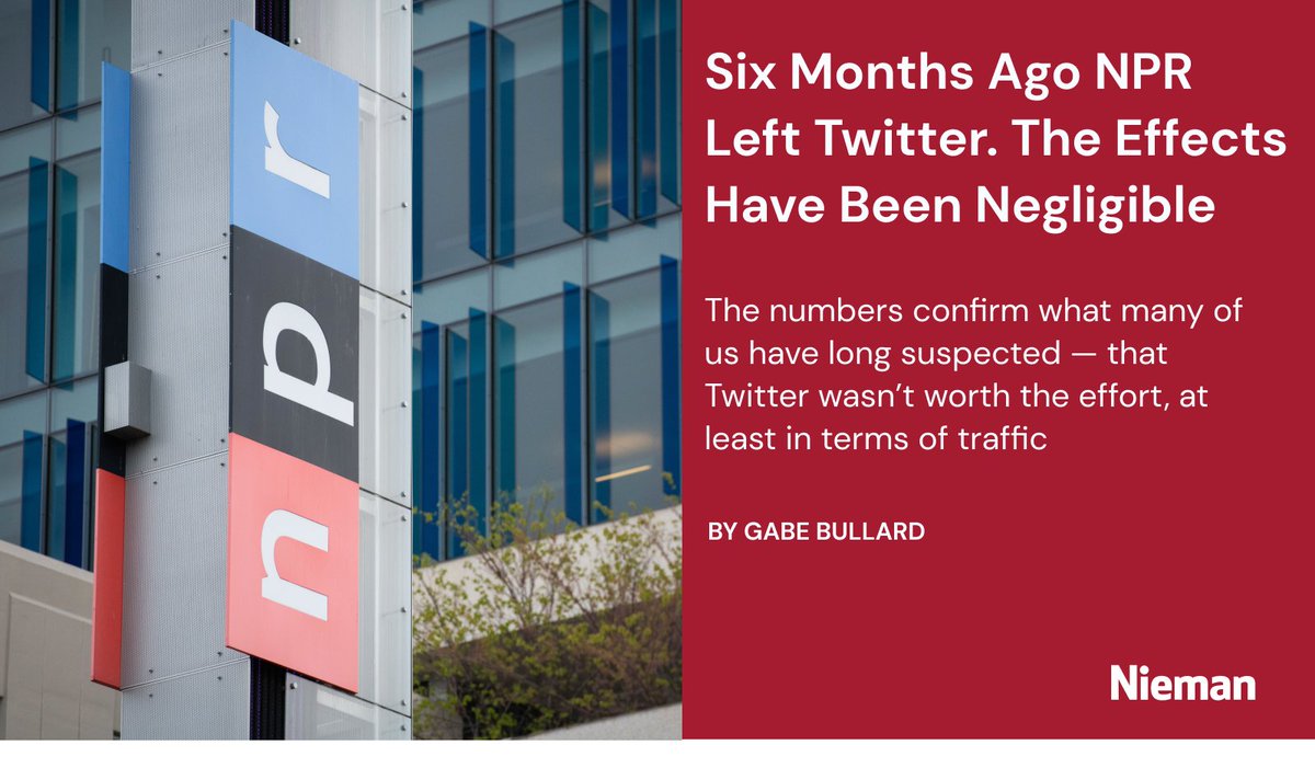 "A memo circulated to NPR staff says traffic has dropped by only a single percentage point as a result of leaving Twitter, though traffic from the platform was small already and accounted for just under two percent of traffic before the posting stopped"
niemanreports.org/articles/npr-t…